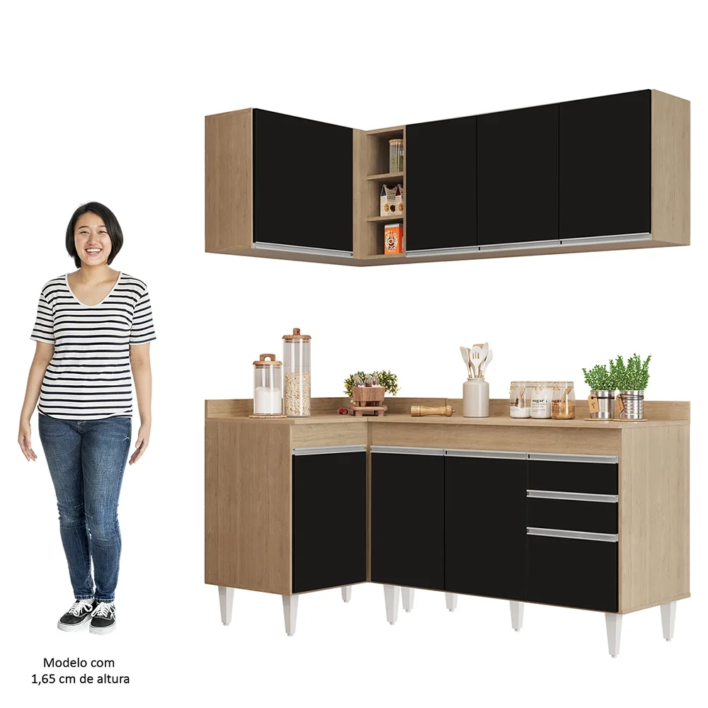 Armário de Cozinha Modulado de Canto Direito 4 Peças CP38 Balcão com Tampo Castanho/Preto - Lumil