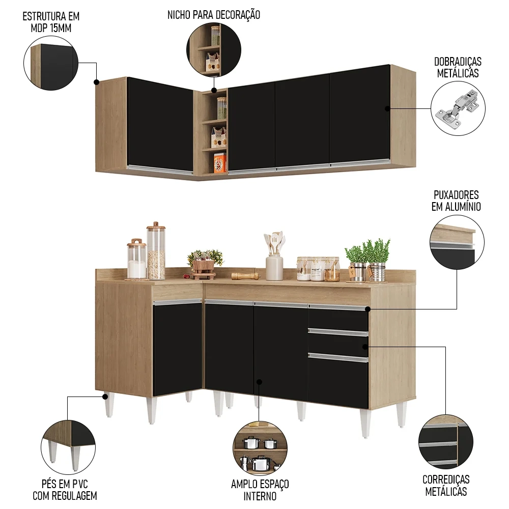 Armário de Cozinha Modulado de Canto Direito 4 Peças CP38 Balcão com Tampo Castanho/Preto - Lumil