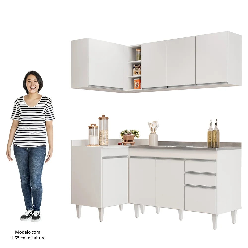 Armário de Cozinha Modulado de Canto Direito 4 Peças CP39 com Pia Inox Branco - Lumil