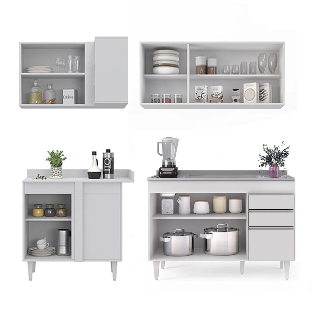 Armário de Cozinha Modulado de Canto Direito 4 Peças CP39 com Pia Inox Branco - Lumil