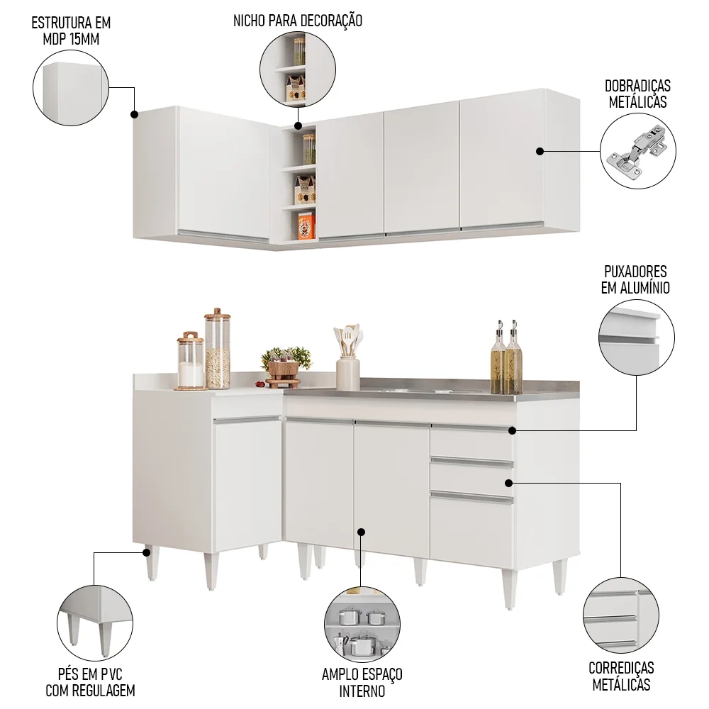 Armário de Cozinha Modulado de Canto Direito 4 Peças CP39 com Pia Inox Branco - Lumil
