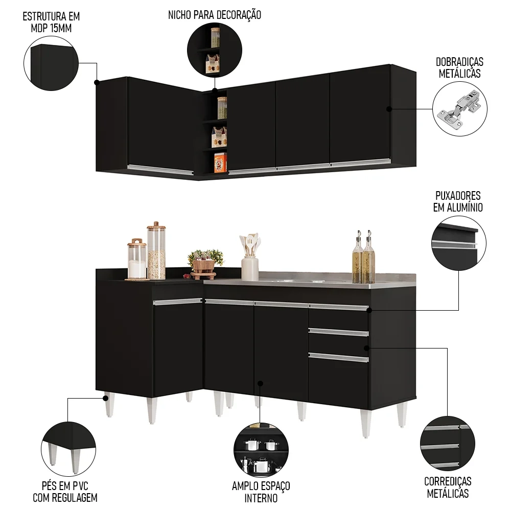 Armário de Cozinha Modulado de Canto Direito 4 Peças CP39 com Pia Inox Preto - Lumil