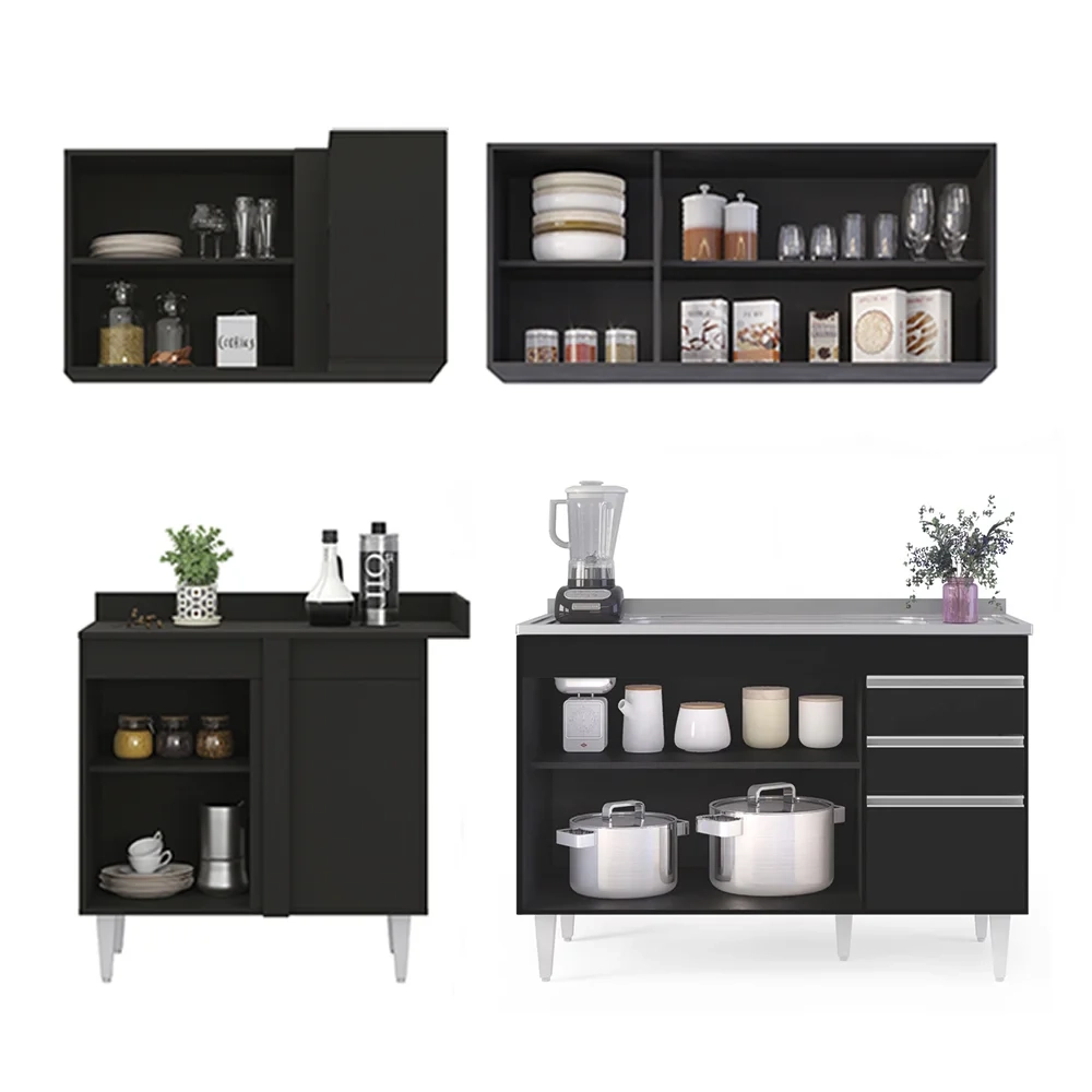 Armário de Cozinha Modulado de Canto Direito 4 Peças CP39 com Pia Inox Preto - Lumil