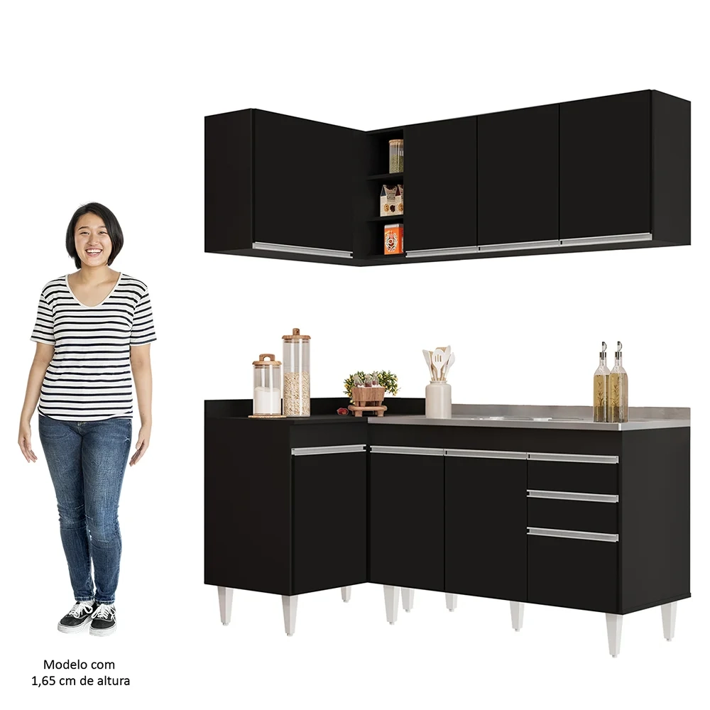 Armário de Cozinha Modulado de Canto Direito 4 Peças CP39 com Pia Inox Preto - Lumil