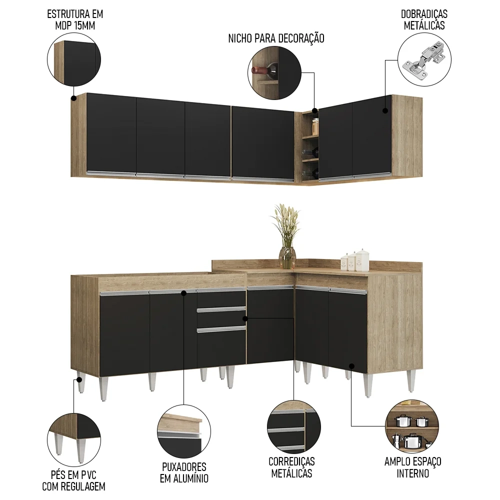 Armário de Cozinha Modulado de Canto 6 Peças CP28 Balcão sem Tampo Castanho/Preto - Lumil