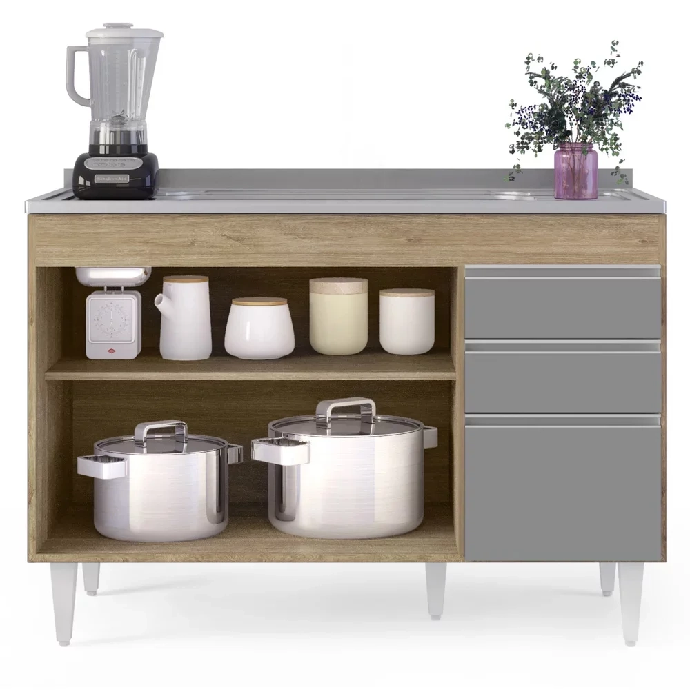 Armário de Cozinha Modulado de Canto Direito 4 Peças CP39 com Pia Inox Castanho/Cinza - Lumil
