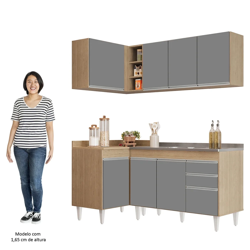 Armário de Cozinha Modulado de Canto Direito 4 Peças CP39 com Pia Inox Castanho/Cinza - Lumil