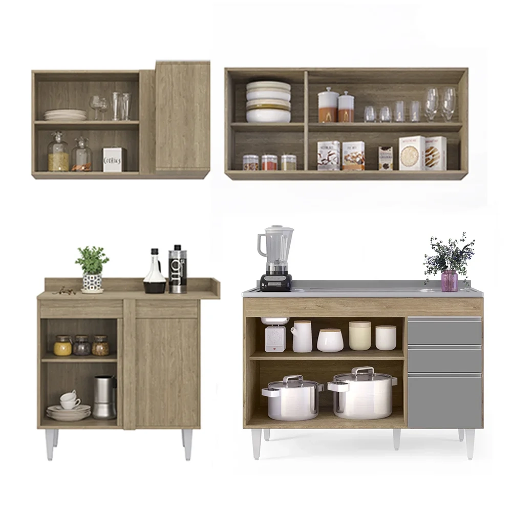 Armário de Cozinha Modulado de Canto Direito 4 Peças CP39 com Pia Inox Castanho/Cinza - Lumil