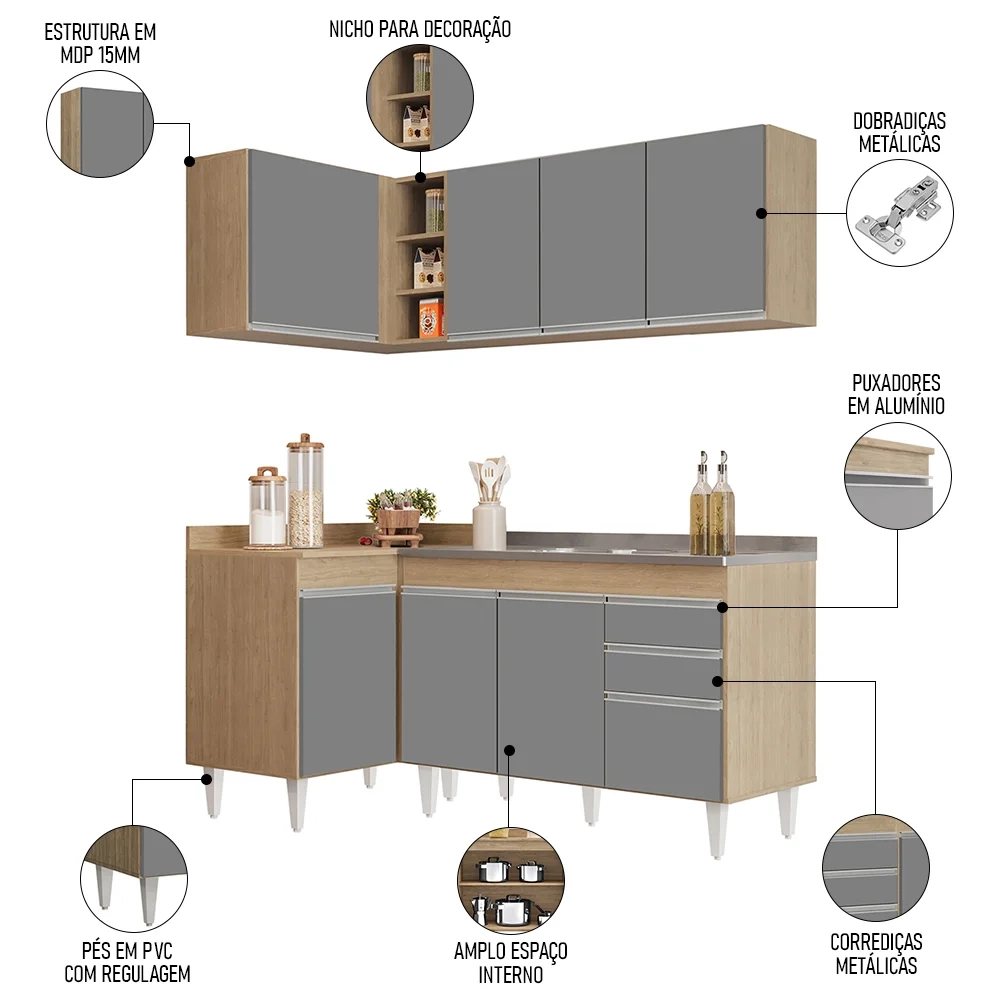 Armário de Cozinha Modulado de Canto Direito 4 Peças CP39 com Pia Inox Castanho/Cinza - Lumil