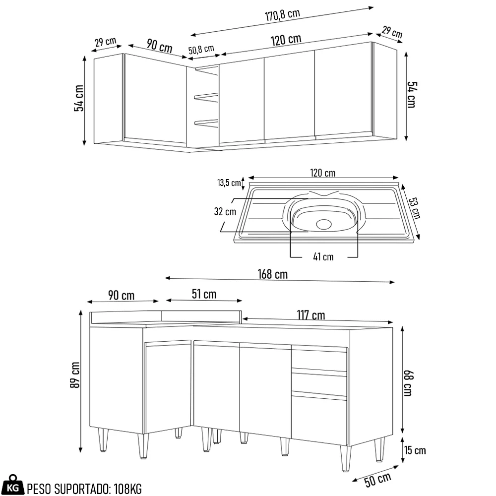 Armário de Cozinha Modulado de Canto Direito 4 Peças CP39 com Pia Inox Castanho/Cinza - Lumil
