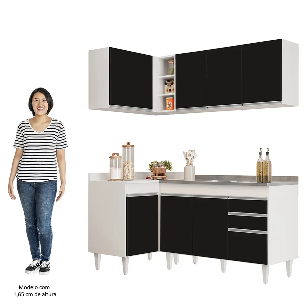 Armário de Cozinha Modulado de Canto Direito 4 Peças CP39 com Pia Inox Branco/Preto - Lumil