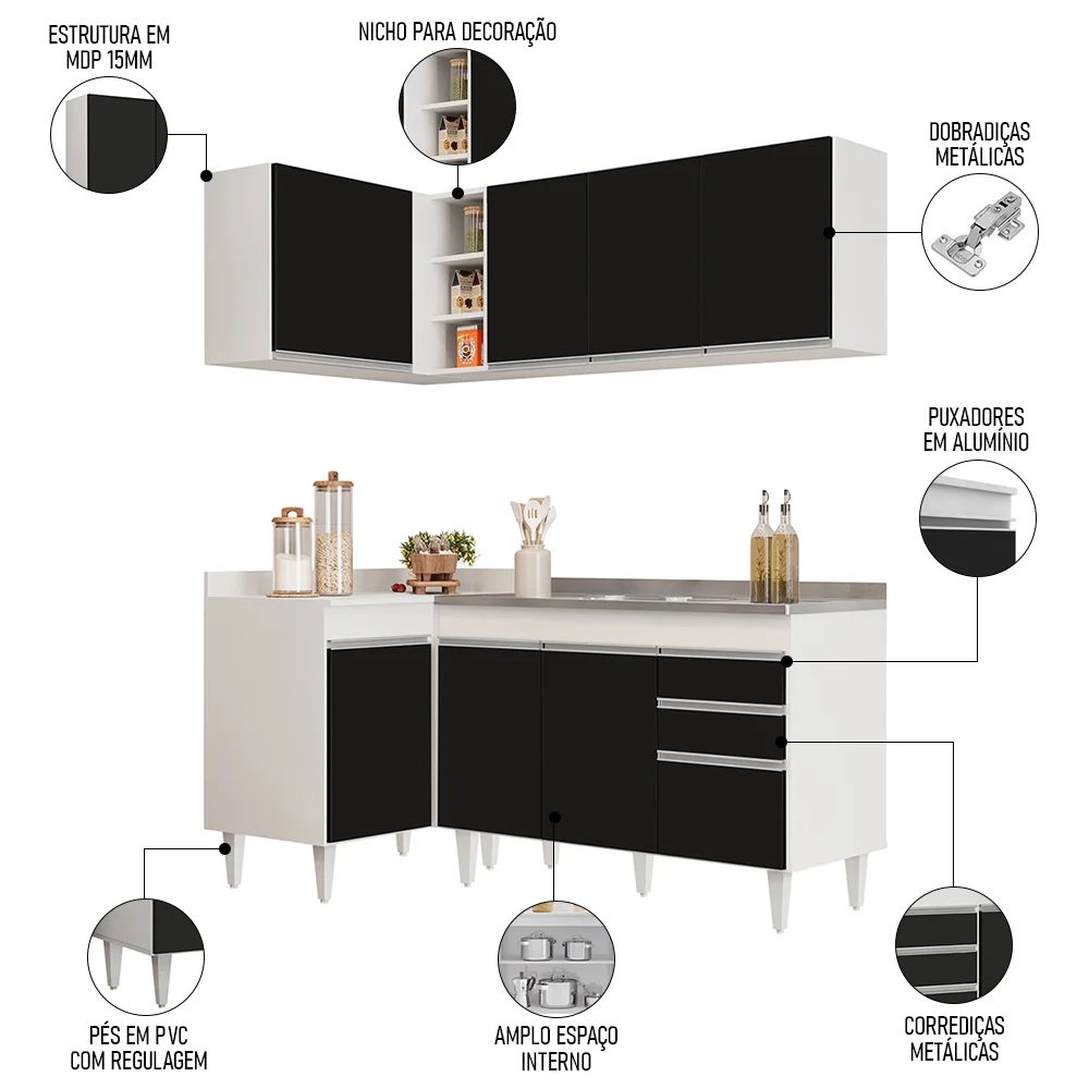 Armário de Cozinha Modulado de Canto Direito 4 Peças CP39 com Pia Inox Branco/Preto - Lumil