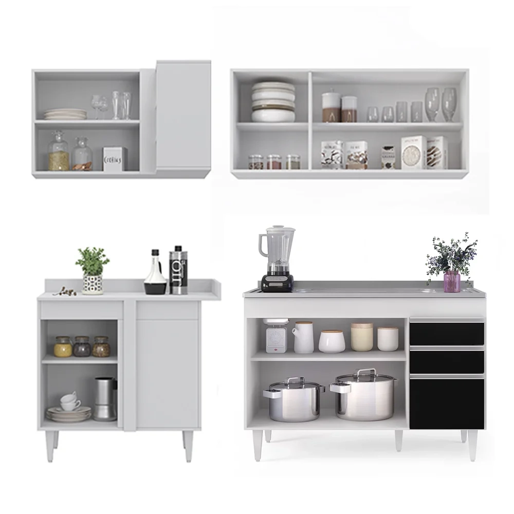 Armário de Cozinha Modulado de Canto Direito 4 Peças CP39 com Pia Inox Branco/Preto - Lumil