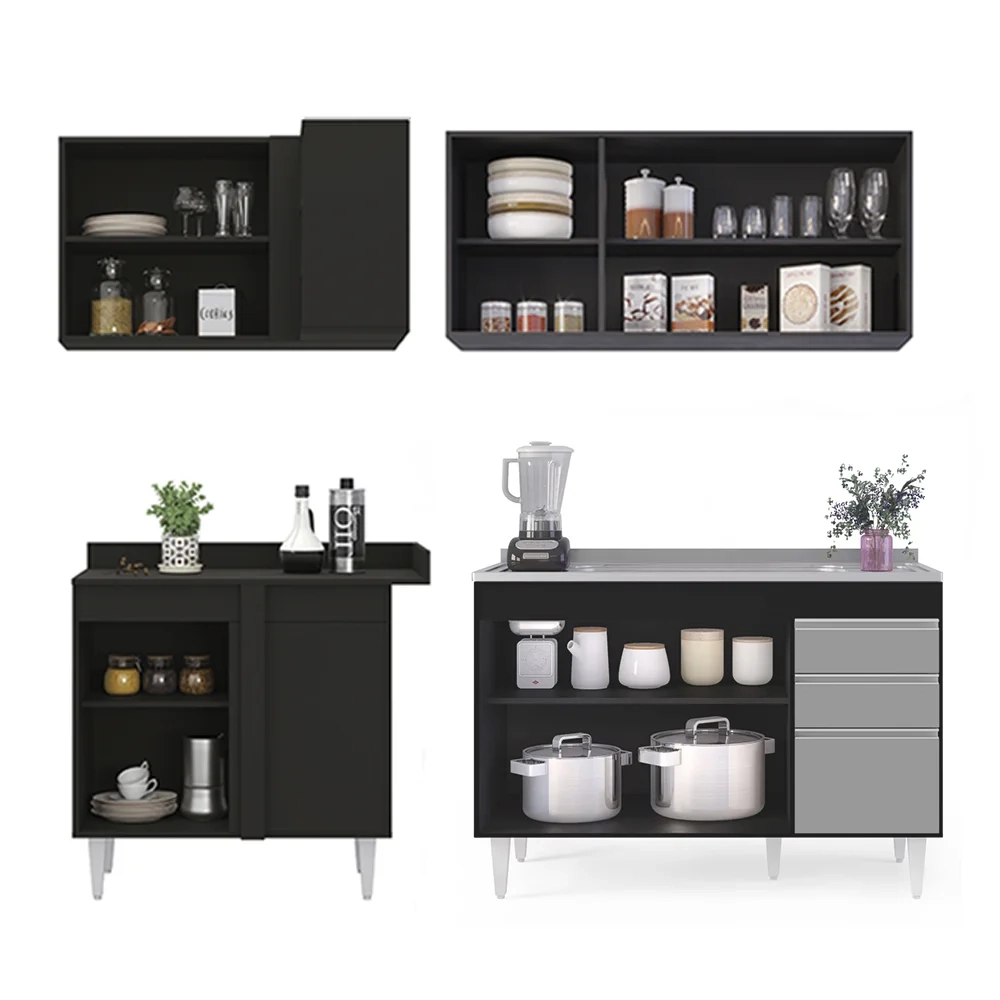 Armário de Cozinha Modulado de Canto Direito 4 Peças CP39 com Pia Inox Preto/Cinza - Lumil