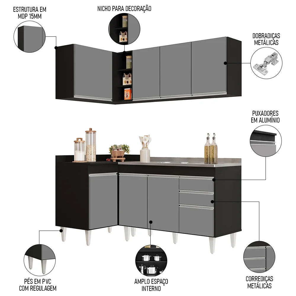 Armário de Cozinha Modulado de Canto Direito 4 Peças CP39 com Pia Inox Preto/Cinza - Lumil