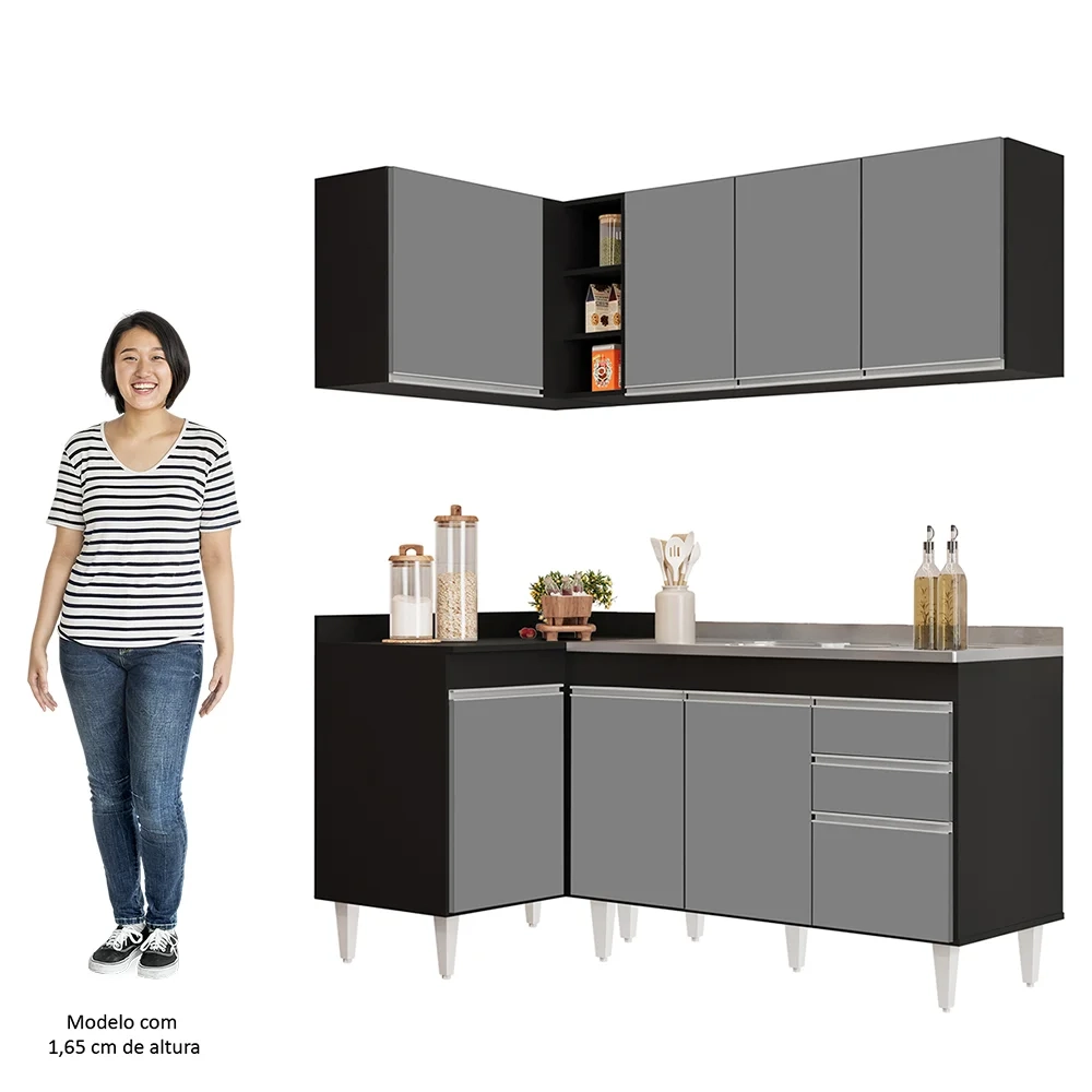 Armário de Cozinha Modulado de Canto Direito 4 Peças CP39 com Pia Inox Preto/Cinza - Lumil