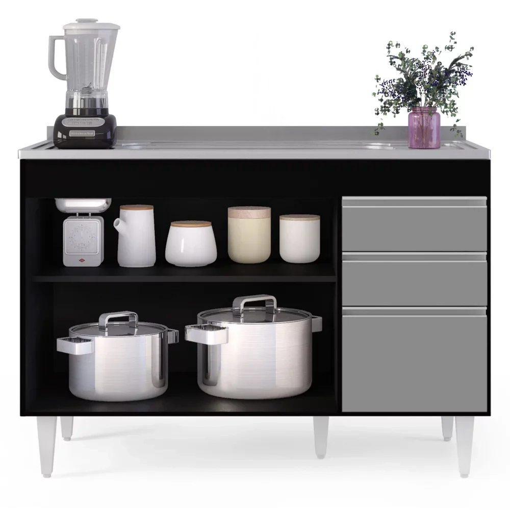 Armário de Cozinha Modulado de Canto Direito 4 Peças CP39 com Pia Inox Preto/Cinza - Lumil