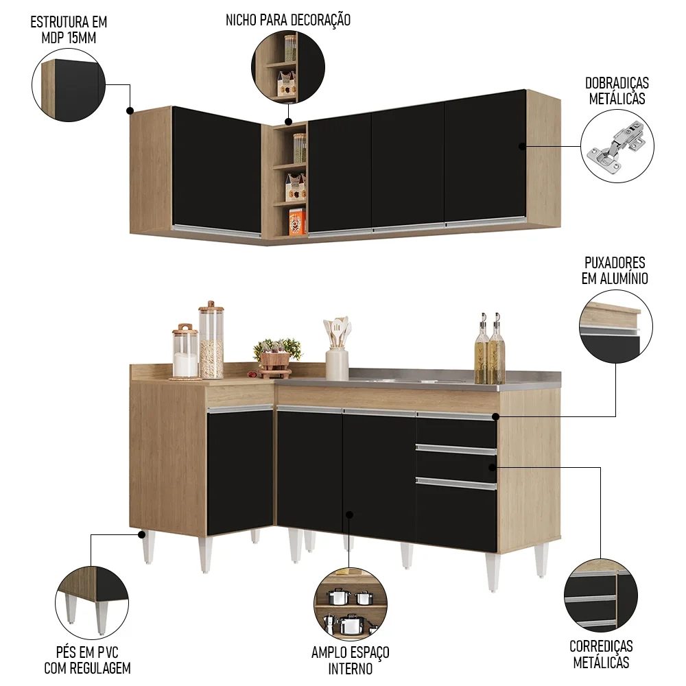 Armário de Cozinha Modulado de Canto Direito 4 Peças CP39 com Pia Inox Castanho/Preto - Lumil