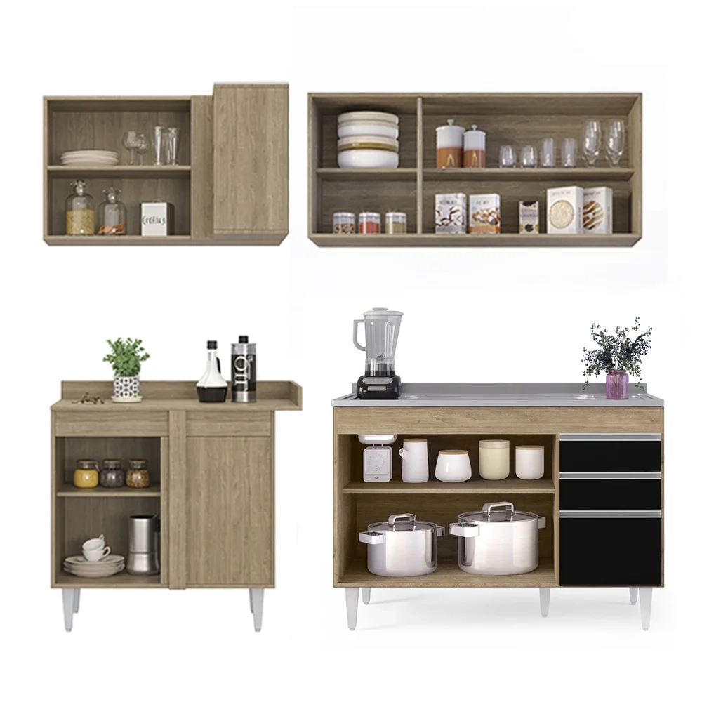 Armário de Cozinha Modulado de Canto Direito 4 Peças CP39 com Pia Inox Castanho/Preto - Lumil