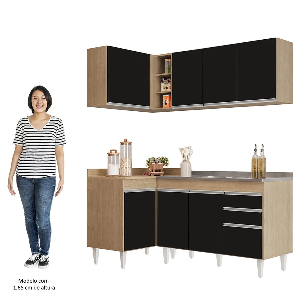 Armário de Cozinha Modulado de Canto Direito 4 Peças CP39 com Pia Inox Castanho/Preto - Lumil