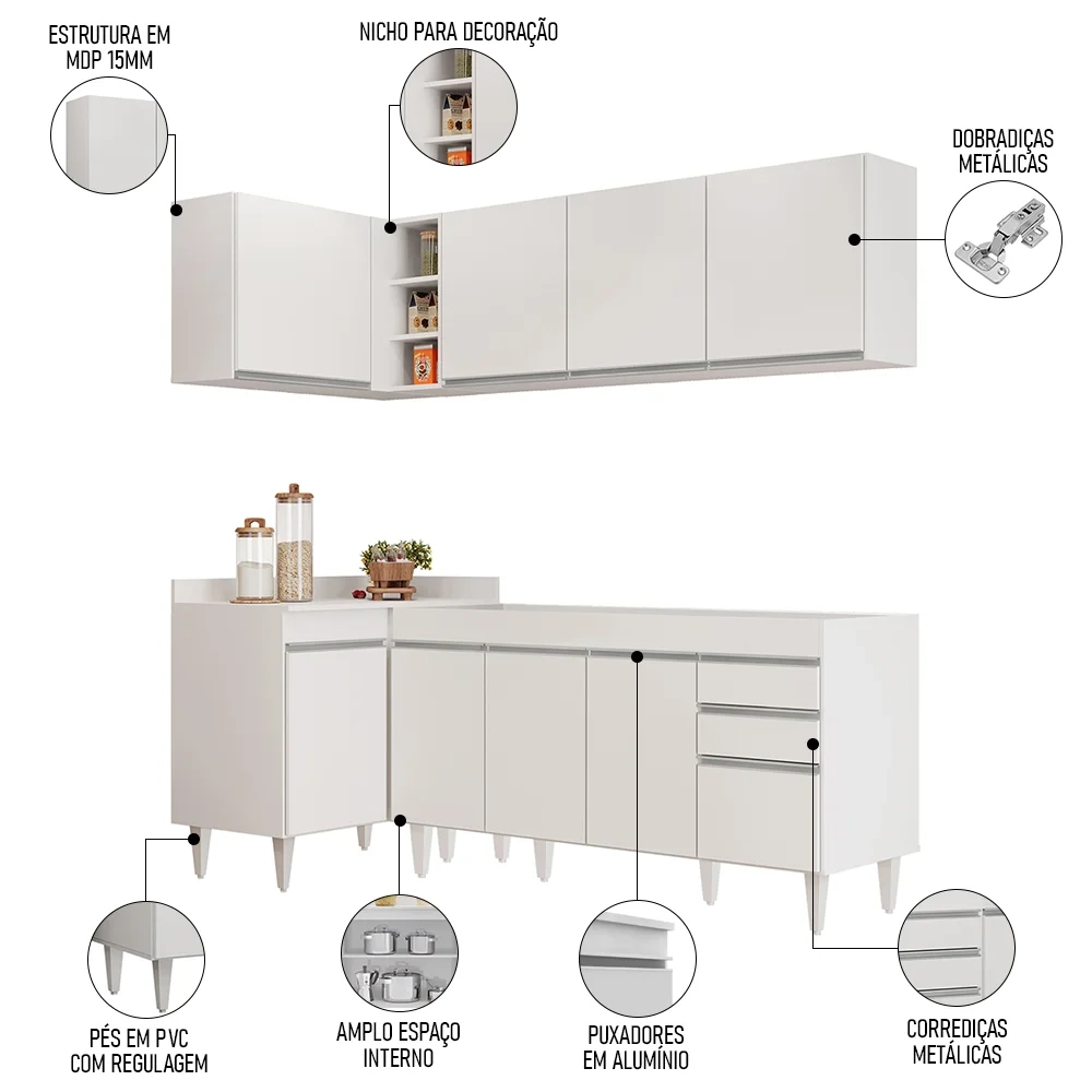 Armário de Cozinha Modulado de Canto Direito 4 Peças CP40 Balcão sem Tampo Branco - Lumil