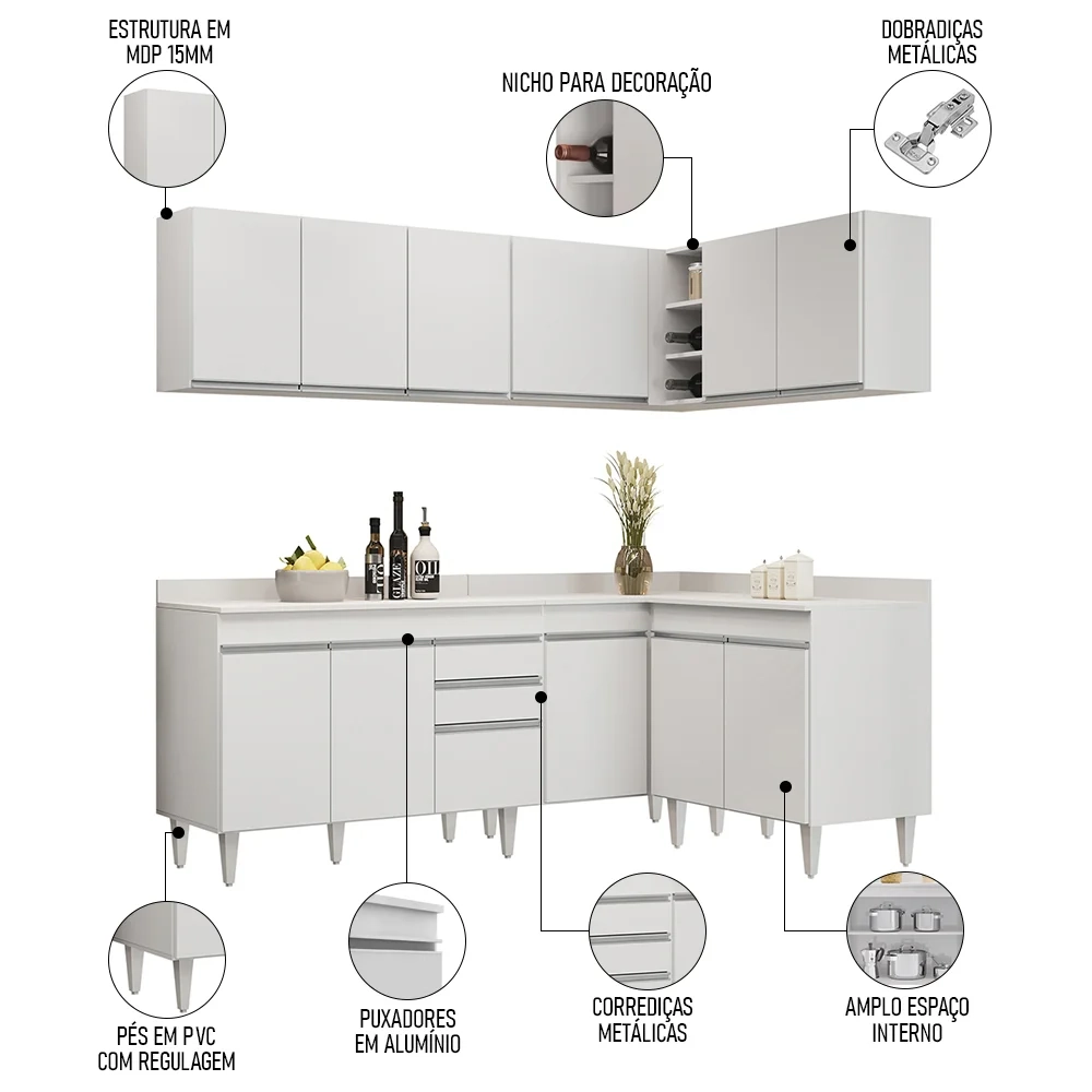 Armário de Cozinha Modulado de Canto 6 Peças CP29 Balcão com Tampo Branco - Lumil