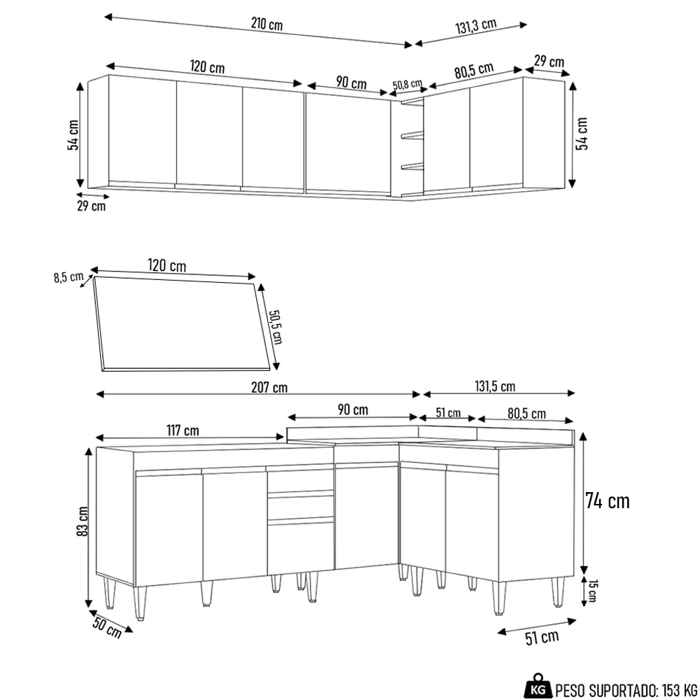 Armário de Cozinha Modulado de Canto 6 Peças CP29 Balcão com Tampo Branco - Lumil