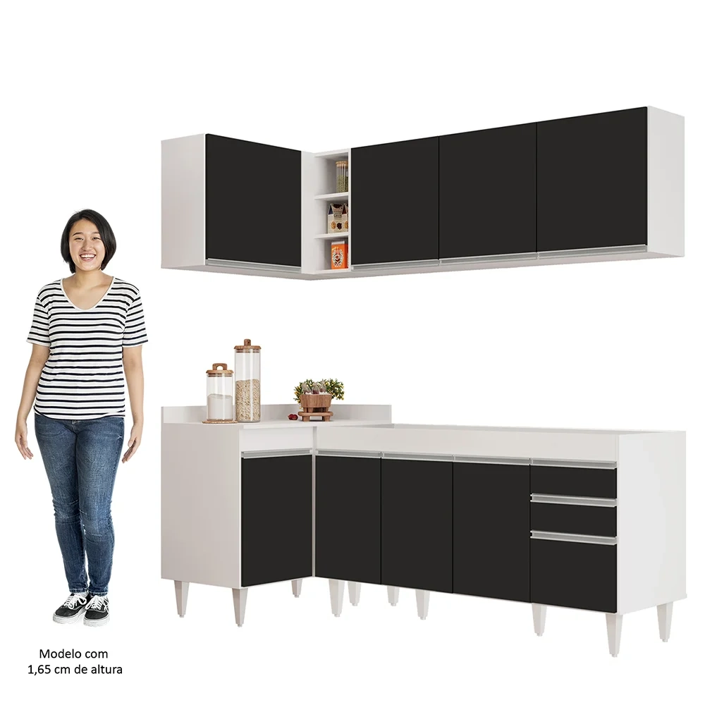 Armário de Cozinha Modulado de Canto Direito 4 Peças CP40 Balcão sem Tampo Branco/Preto - Lumil