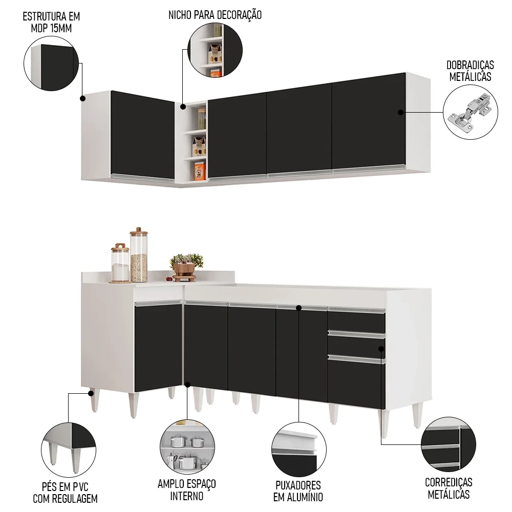 Armário de Cozinha Modulado de Canto Direito 4 Peças CP40 Balcão sem Tampo Branco/Preto - Lumil