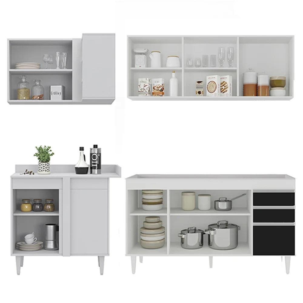 Armário de Cozinha Modulado de Canto Direito 4 Peças CP40 Balcão sem Tampo Branco/Preto - Lumil
