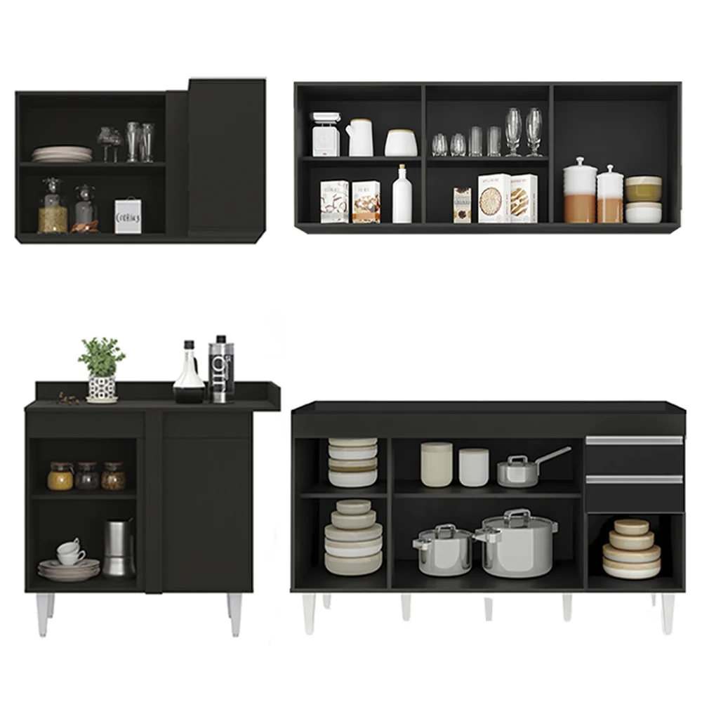 Armário de Cozinha Modulado de Canto Direito 4 Peças CP40 Balcão sem Tampo Preto - Lumil