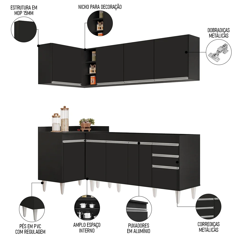 Armário de Cozinha Modulado de Canto Direito 4 Peças CP40 Balcão sem Tampo Preto - Lumil