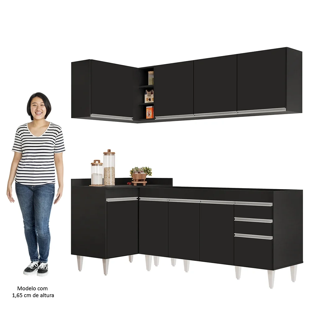 Armário de Cozinha Modulado de Canto Direito 4 Peças CP40 Balcão sem Tampo Preto - Lumil
