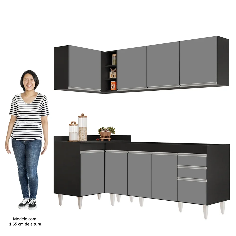 Armário de Cozinha Modulado de Canto Direito 4 Peças CP40 Balcão sem Tampo Preto/Cinza - Lumil