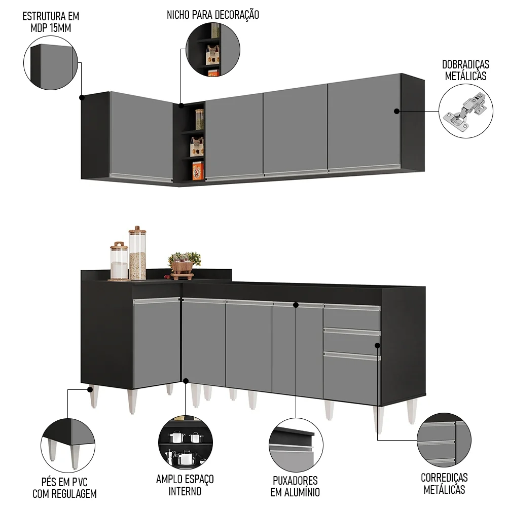 Armário de Cozinha Modulado de Canto Direito 4 Peças CP40 Balcão sem Tampo Preto/Cinza - Lumil