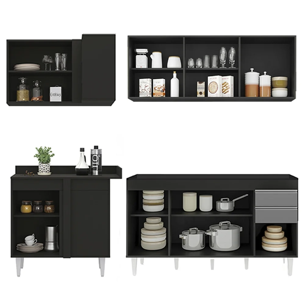 Armário de Cozinha Modulado de Canto Direito 4 Peças CP40 Balcão sem Tampo Preto/Cinza - Lumil