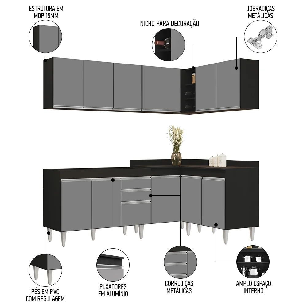 Armário de Cozinha Modulado de Canto 6 Peças CP28 Balcão sem Tampo Preto/Cinza - Lumil