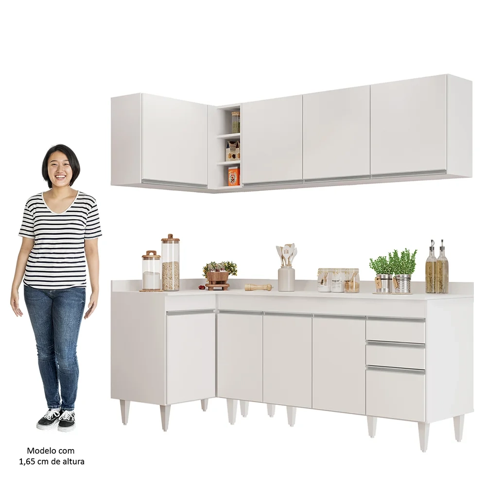 Armário de Cozinha Modulado de Canto Direito 4 Peças CP41 Balcão com Tampo Branco - Lumil