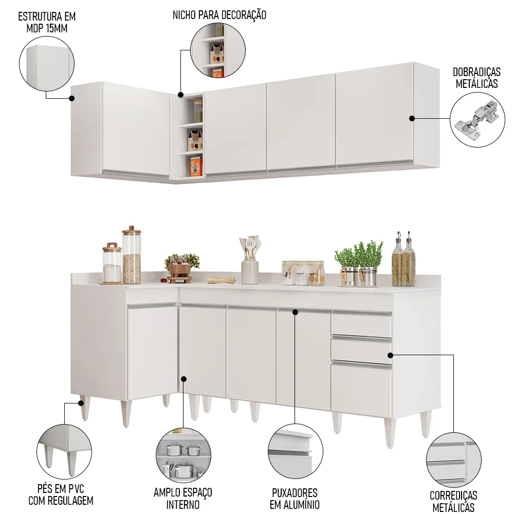 Armário de Cozinha Modulado de Canto Direito 4 Peças CP41 Balcão com Tampo Branco - Lumil