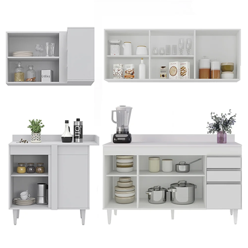 Armário de Cozinha Modulado de Canto Direito 4 Peças CP41 Balcão com Tampo Branco - Lumil