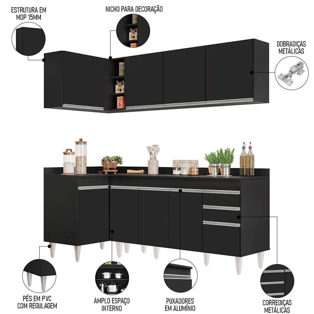 Armário de Cozinha Modulado de Canto Direito 4 Peças CP41 Balcão com Tampo Preto - Lumil