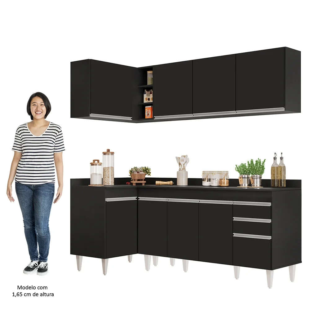 Armário de Cozinha Modulado de Canto Direito 4 Peças CP41 Balcão com Tampo Preto - Lumil