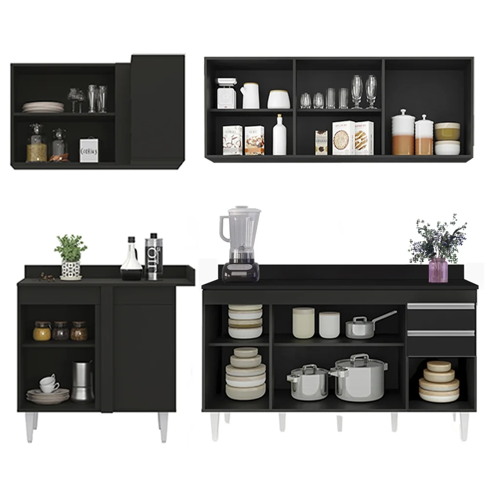 Armário de Cozinha Modulado de Canto Direito 4 Peças CP41 Balcão com Tampo Preto - Lumil