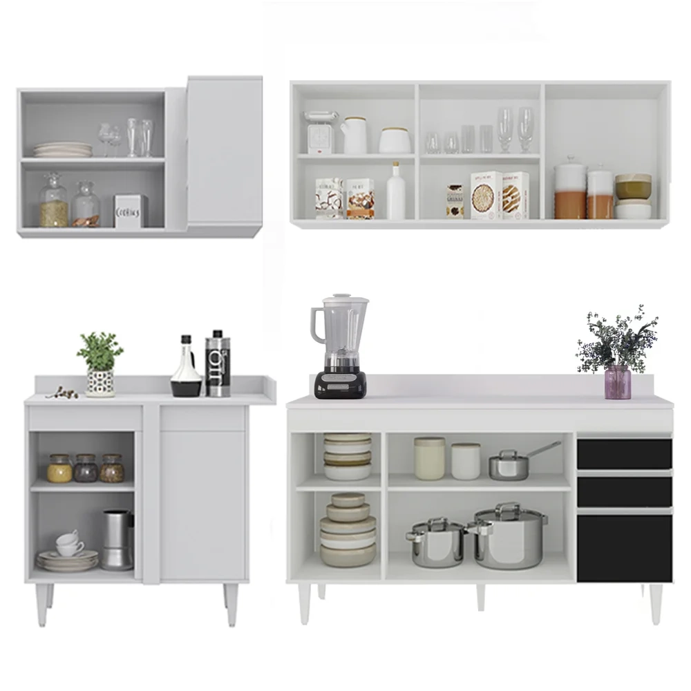 Armário de Cozinha Modulado de Canto Direito 4 Peças CP41 Balcão com Tampo Branco/Preto - Lumil