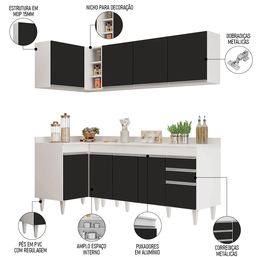 Armário de Cozinha Modulado de Canto Direito 4 Peças CP41 Balcão com Tampo Branco/Preto - Lumil