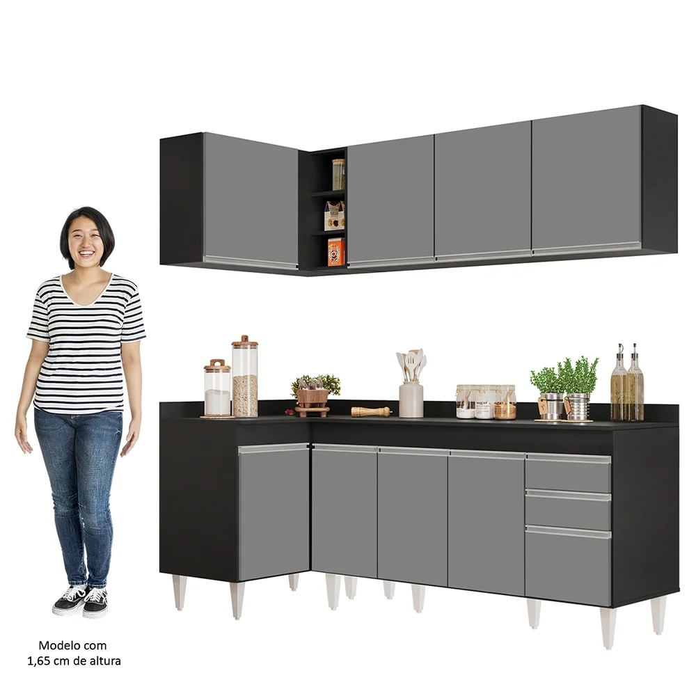 Armário de Cozinha Modulado de Canto Direito 4 Peças CP41 Balcão com Tampo Preto/Cinza - Lumil