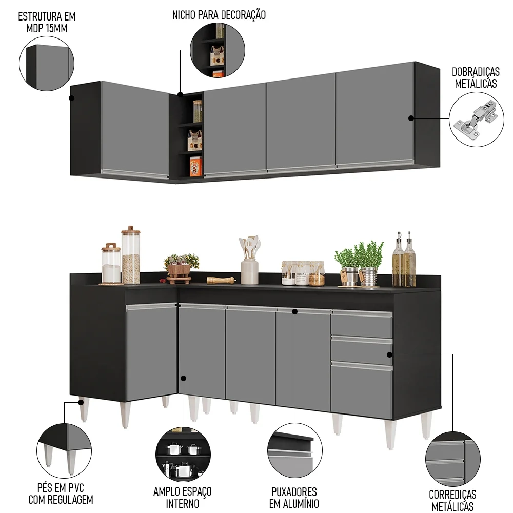 Armário de Cozinha Modulado de Canto Direito 4 Peças CP41 Balcão com Tampo Preto/Cinza - Lumil