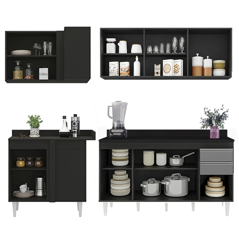 Armário de Cozinha Modulado de Canto Direito 4 Peças CP41 Balcão com Tampo Preto/Cinza - Lumil