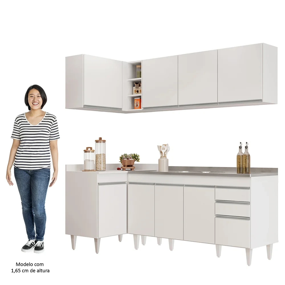 Armário de Cozinha Modulado de Canto Direito 4 Peças CP42 com Pia Inox Branco - Lumil