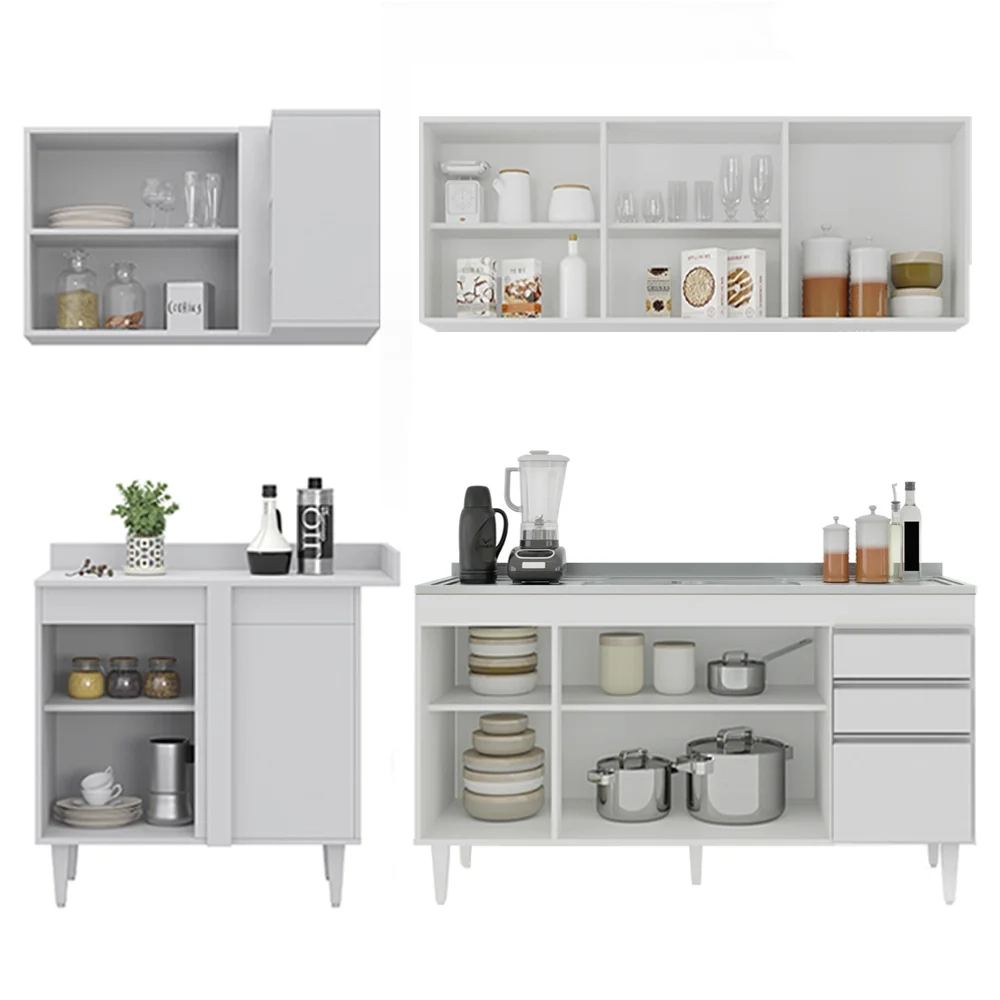 Armário de Cozinha Modulado de Canto Direito 4 Peças CP42 com Pia Inox Branco - Lumil